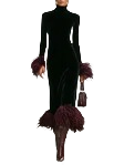 Anna - Abito lungo da donna minimalista in velluto patchwork con polsini e orlo in finte piume di struzzo