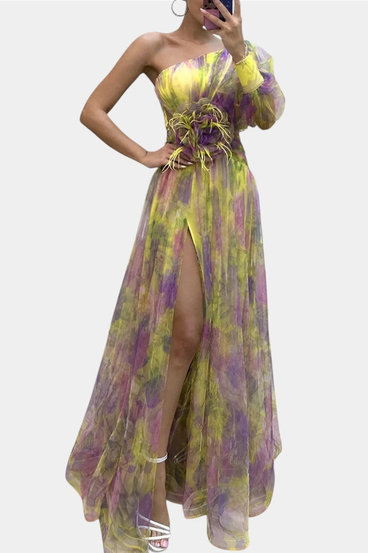 Robe longue asymétrique Amelie à épaule unique et motif artistique