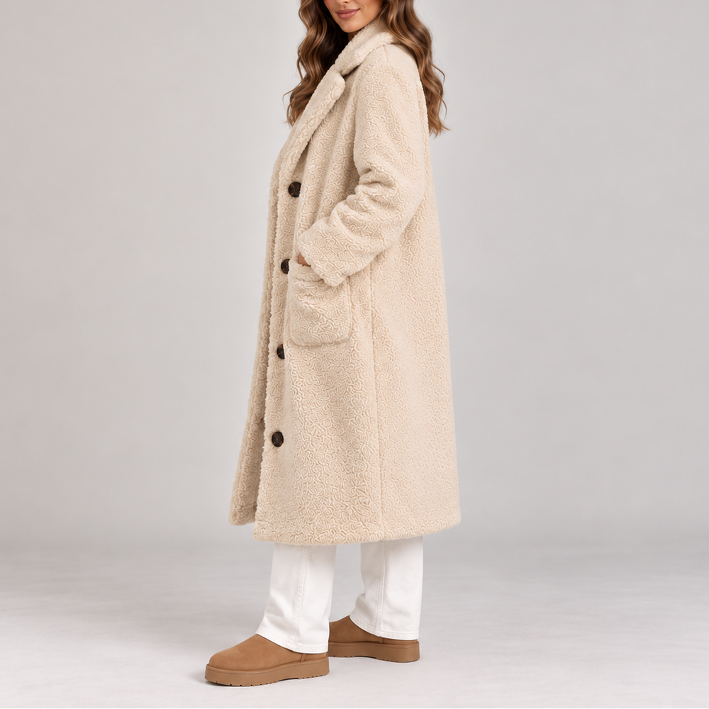 Women's Long Teddy Fleece Coat, Oversized Button-Up