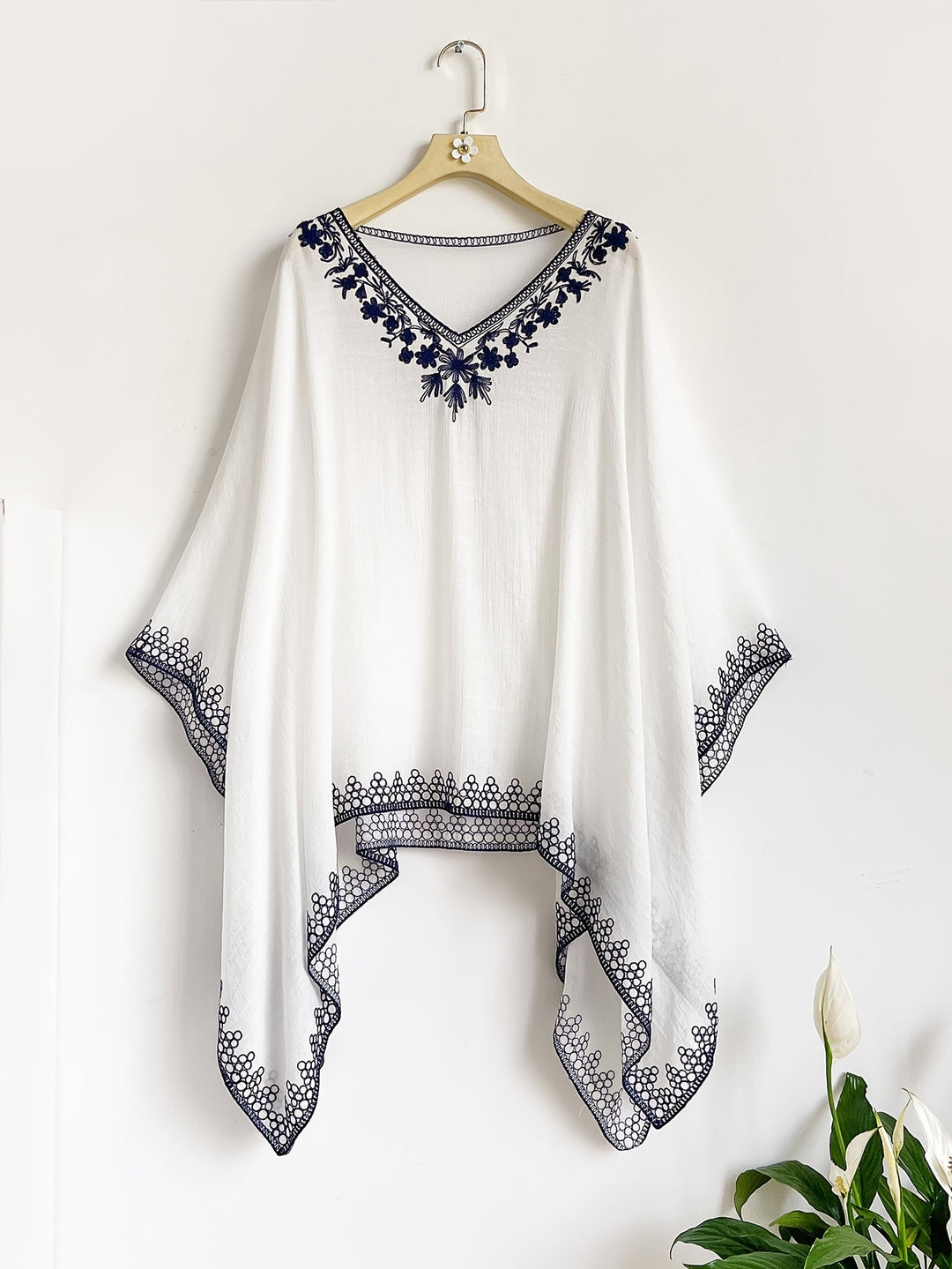 Effortless Poncho Shirt for Women with V Neck Embroidered Trim Draped Batwing Style