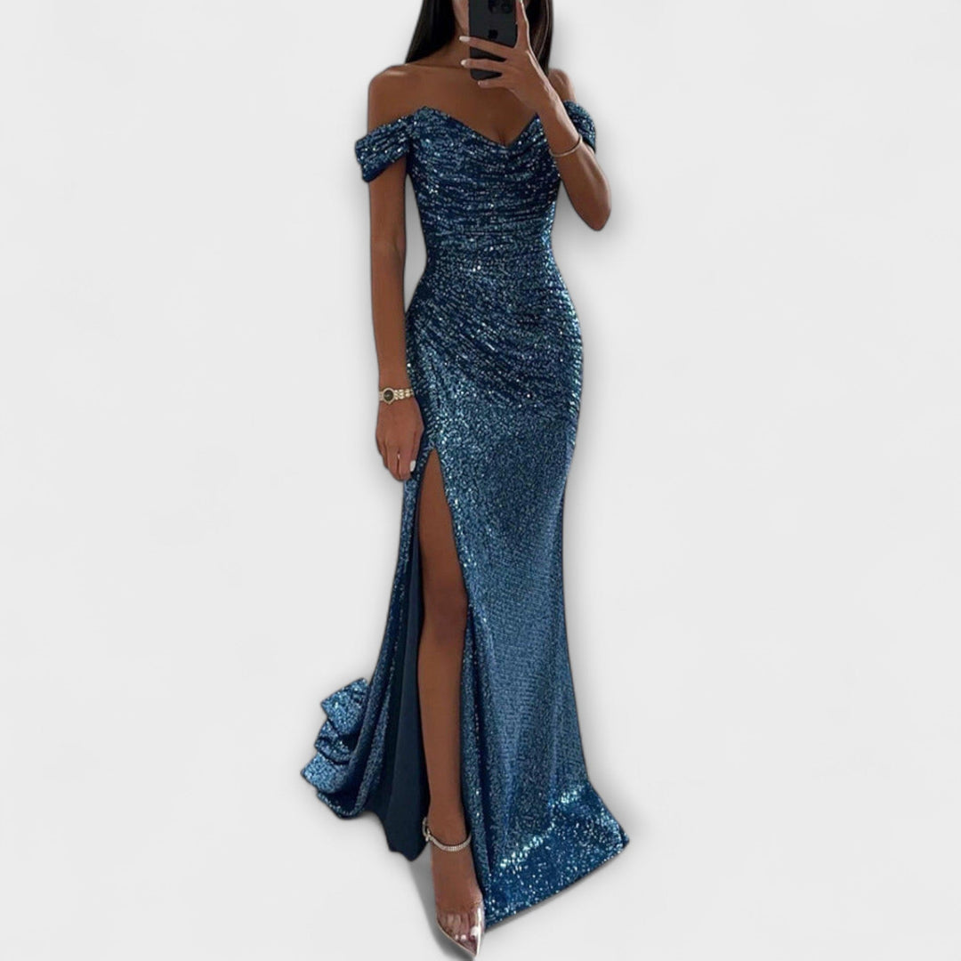 Summer Evening Dress — Strapless Maxi with Glitter and Ruffles for Weddings & Parties