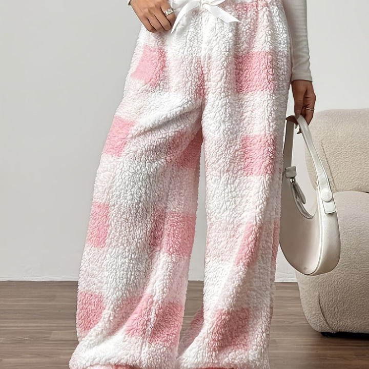 Cozy Plaid Plush Sweatpants for Women with Drawstring Waist Wide Leg Fleece Lounge Style