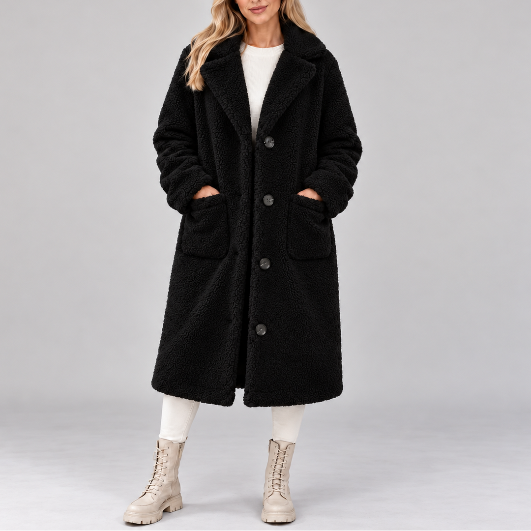Women's Long Teddy Fleece Coat, Oversized Button-Up