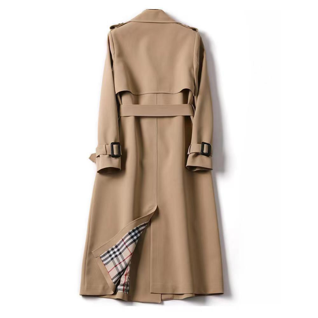 Elegant Trench Coat for Women with Notched Lapel Long Sleeve Belted Double Breasted Style