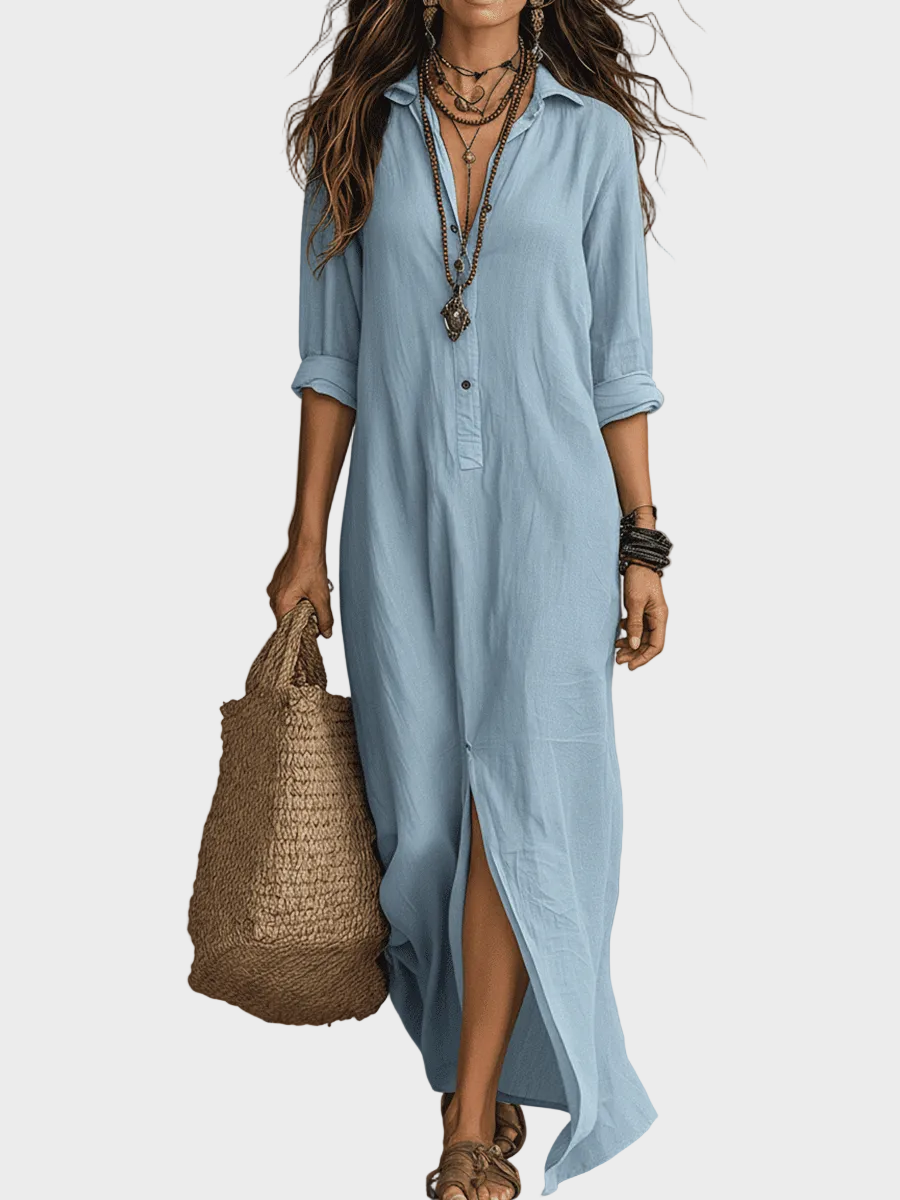 Delilah | Black Button-Front Bohemian Shirt Maxi Dress