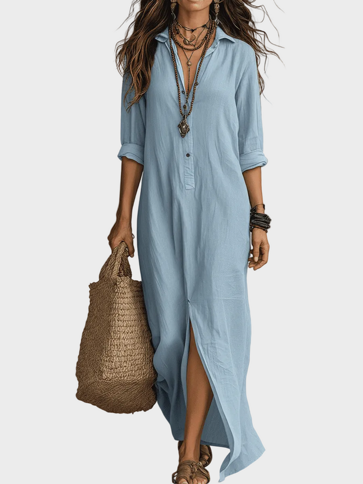 Delilah | Black Button-Front Bohemian Shirt Maxi Dress