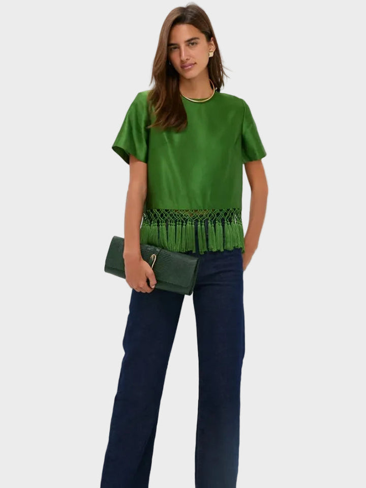 Rylie | Top in raso verde con frange