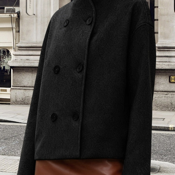 Elegant Wool High Pea Coat for Women with Stand Collar Long Sleeve Double Breasted Cropped Style