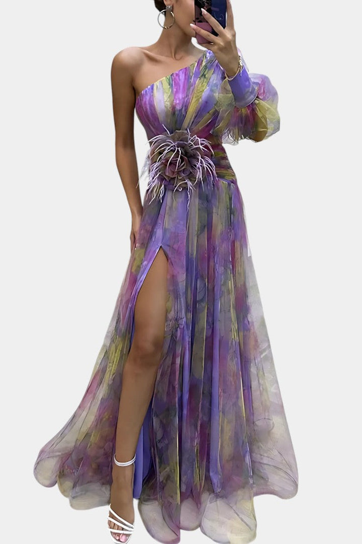 Robe longue asymétrique Amelie à épaule unique et motif artistique