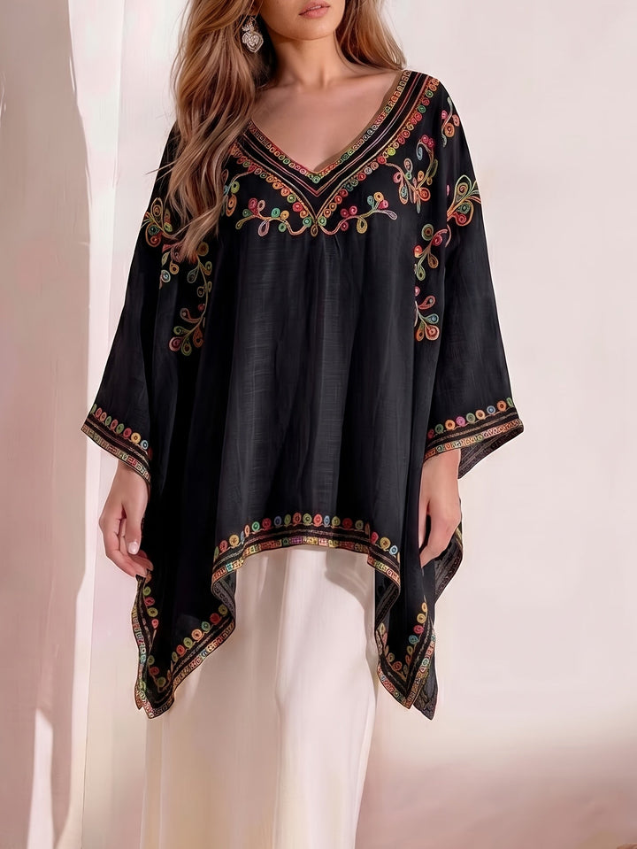 Effortless Poncho Shirt for Women with V Neck Embroidered Trim Draped Kaftan Style