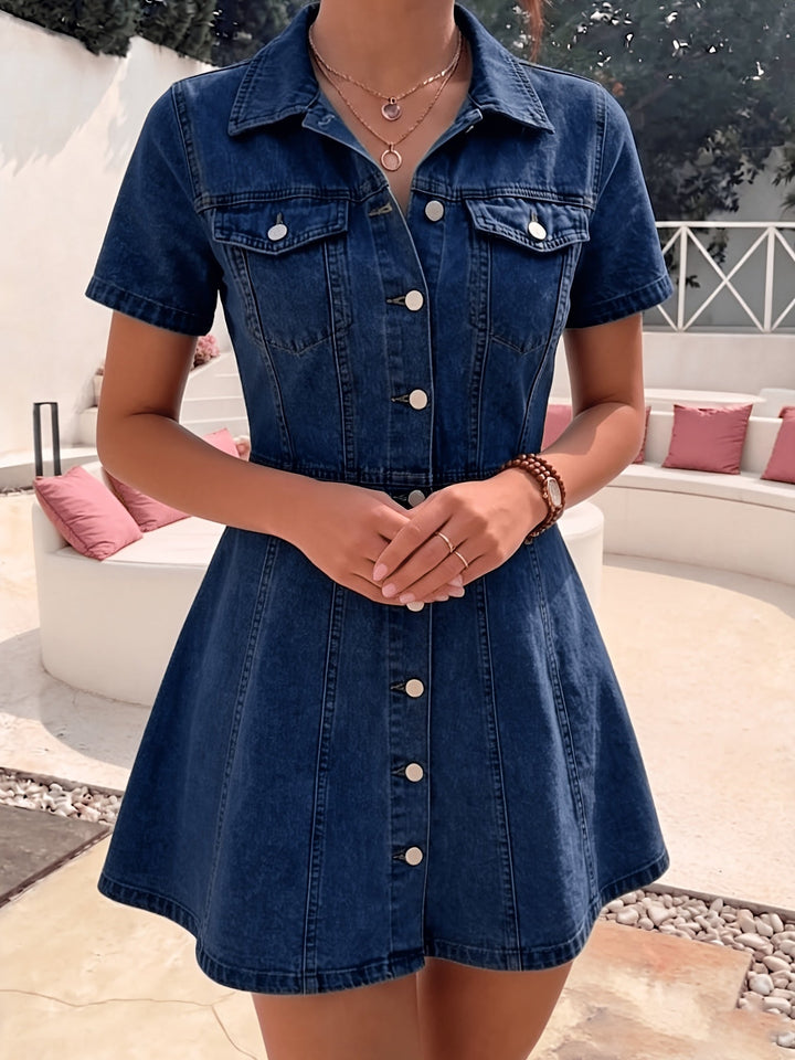 Elegant Deep Blue Denim Jacket for Women with Button-Front A-Line Fitted Flared Hem