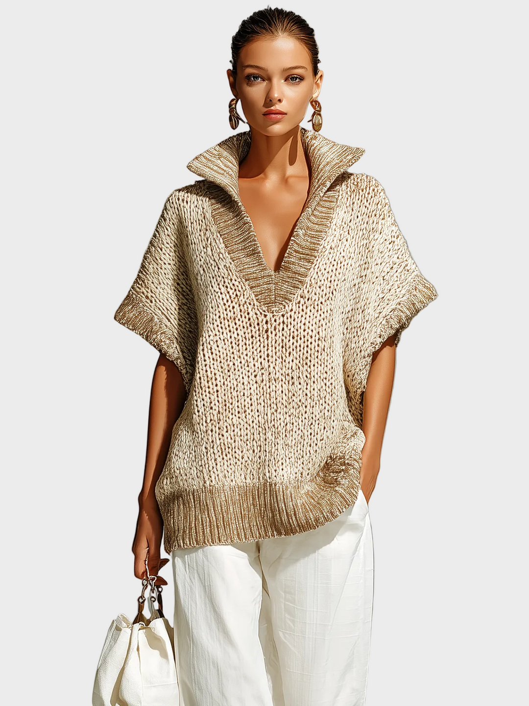 Fiona | Gilet in maglia senza maniche, modello casual colorblock beige con colletto alla coreana