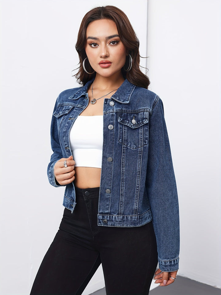 Effortless Medium Blue Jean Jacket for Women with Collar Long Sleeve Button Front Cropped Casual Style