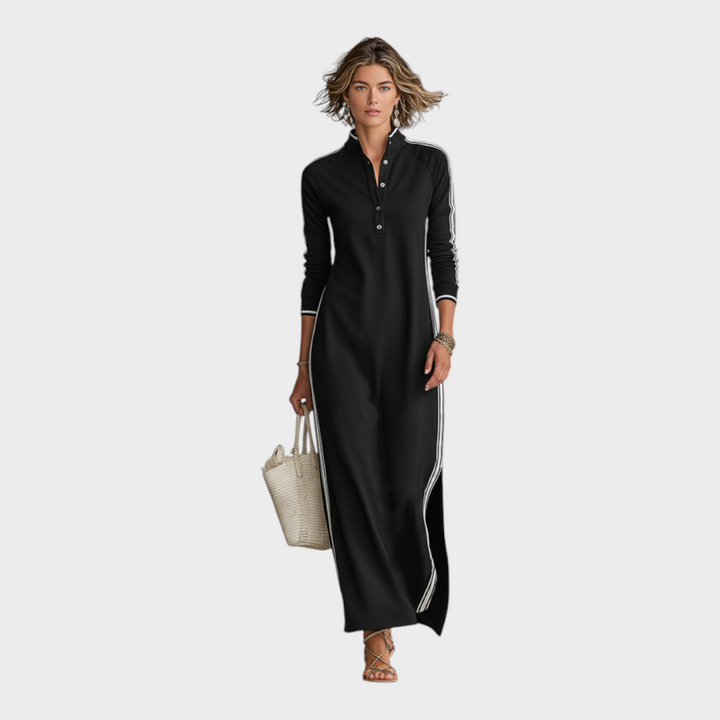 Jenalie | Abito lungo a felpa con colletto button-down e finiture bianche minimaliste da donna MDA0958L0Y