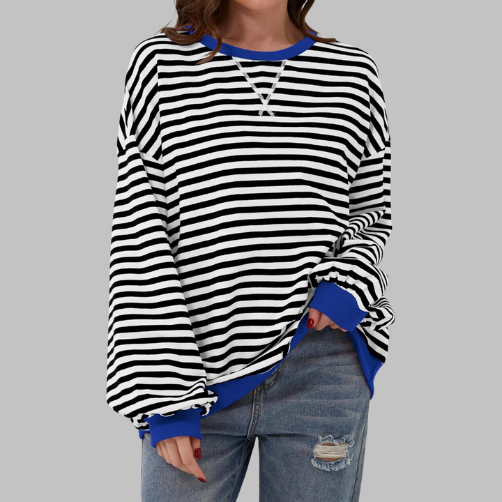 Comoda Felpa a Righe da Donna con Girocollo Maniche Lunghe Bordo a Contrasto Stile Oversize