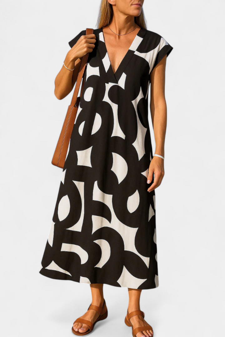 Asela Casual Dress with V-Neck and Mixi Pattern