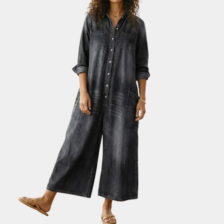 Combinaison en jean pour femme en coton avec boutons sur le devant, style vintage délavé