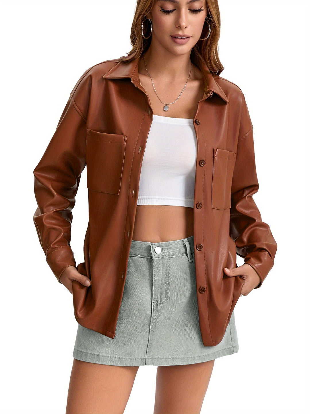Effortless Leather Jacket for Women with Button Front Collared Oversized Shacket Style