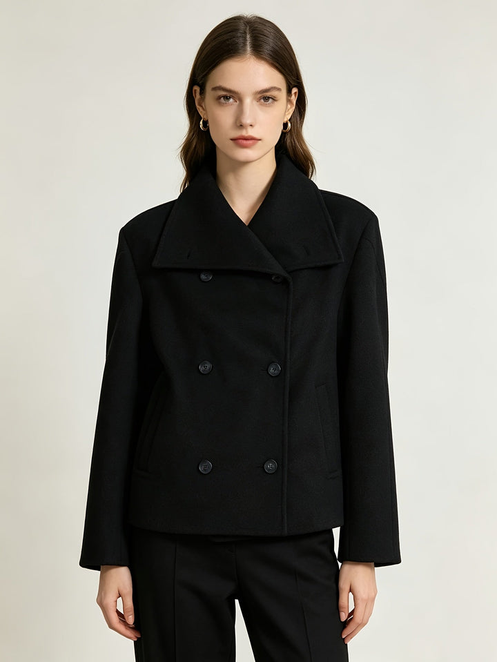 Elegant Wool Pea Coat for Women with Notch Lapel Long Sleeve Double Breasted Cropped Style