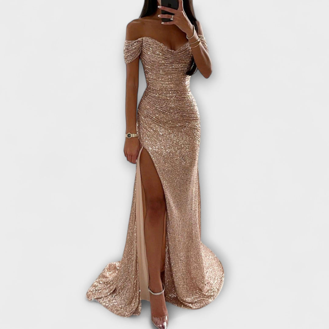 Summer Evening Dress — Strapless Maxi with Glitter and Ruffles for Weddings & Parties