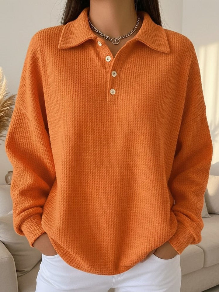 Comfortable Waffle Knit Sweatshirt for Women with Collar Long Sleeve Button Placket Oversized Style
