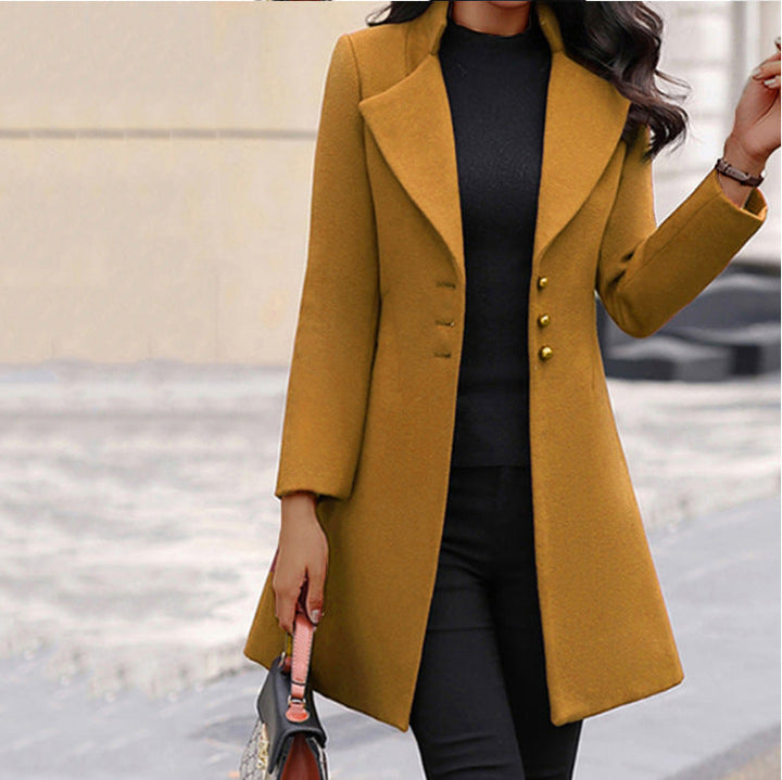 Elegant Wool Coat for Women with Notched Lapel Long Sleeve Button Front Tailored Style