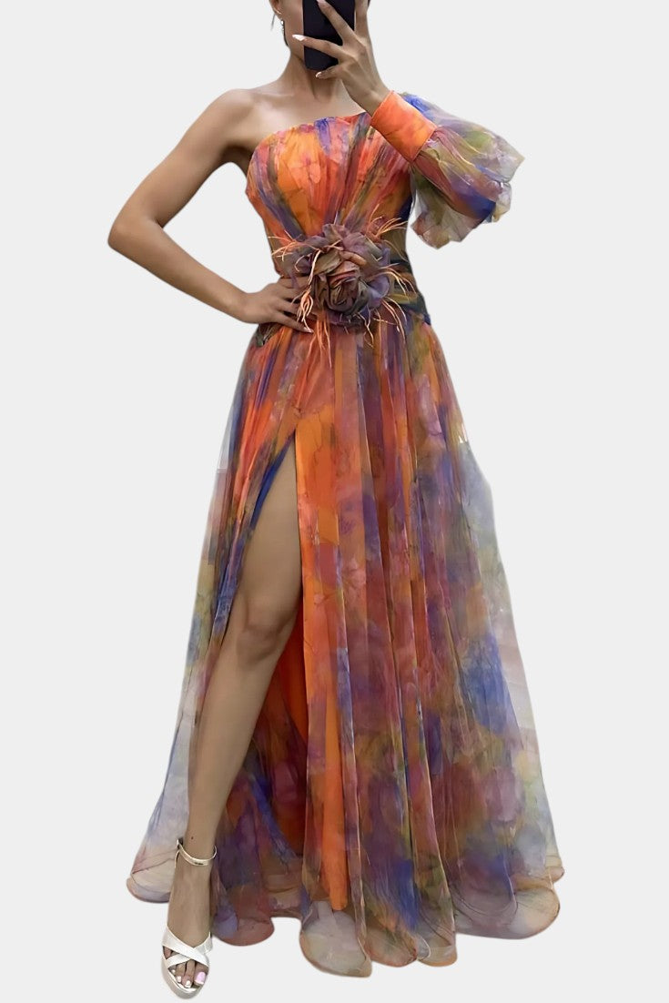 Robe longue asymétrique Amelie à épaule unique et motif artistique