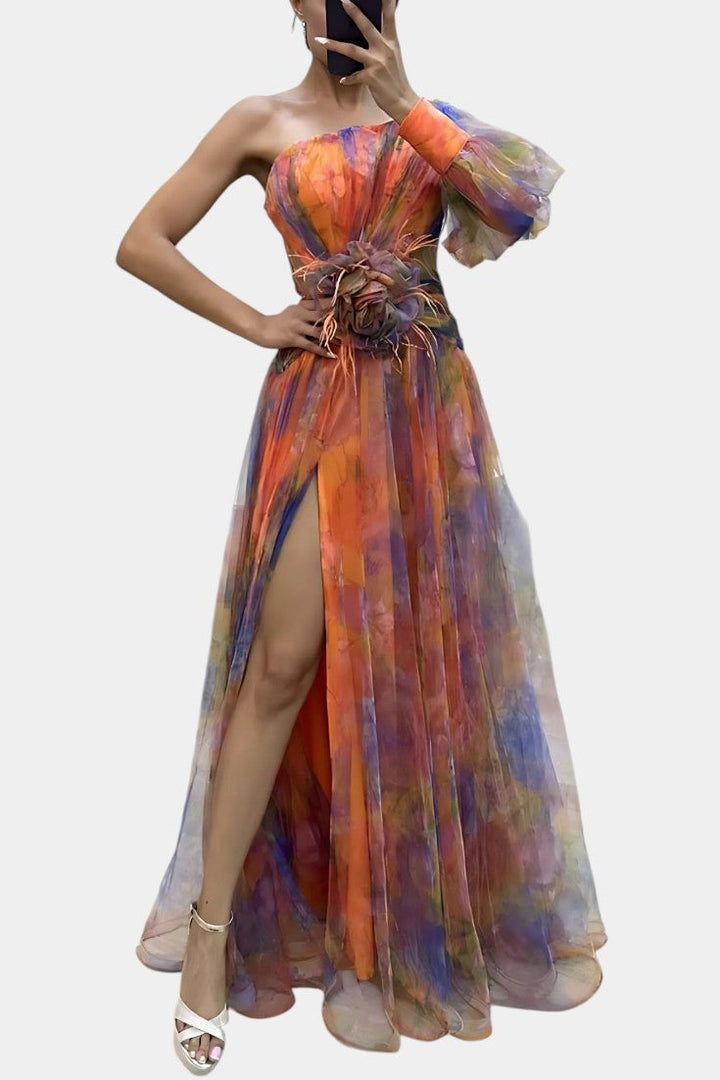 Robe longue asymétrique Amelie à épaule unique et motif artistique