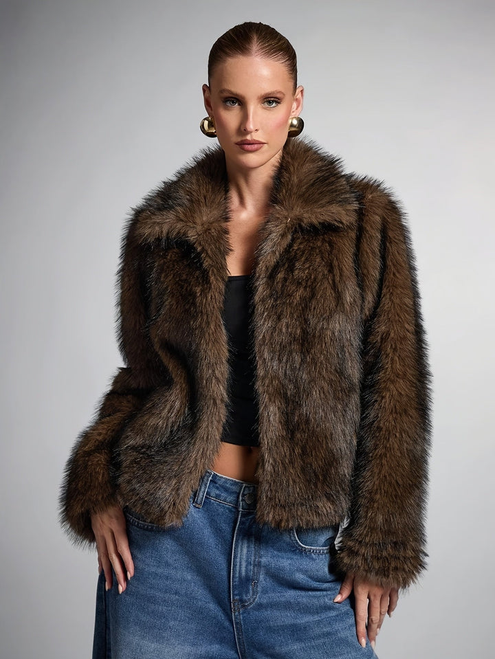 Elegant Bronze Fur Coat for Women with Notch Collar Long Sleeve Cropped Open Front Style