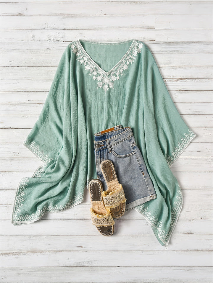 Effortless Poncho Shirt for Women with V Neck Embroidered Trim Draped Batwing Style