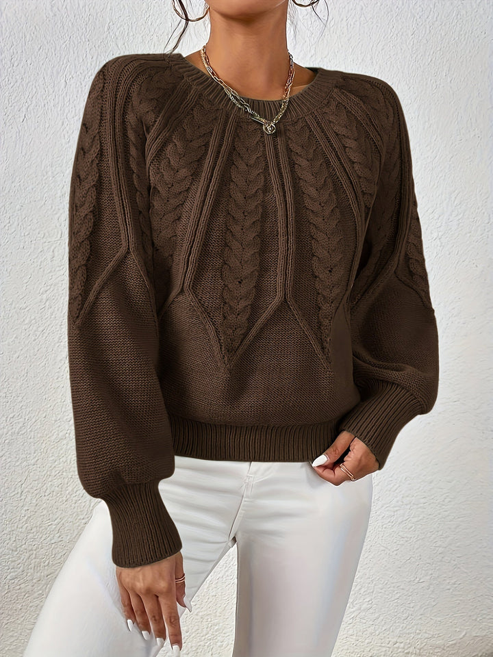 Comfortable Cable Knit Sweater for Women with Round Neck Balloon Sleeve Cropped Oversized Style