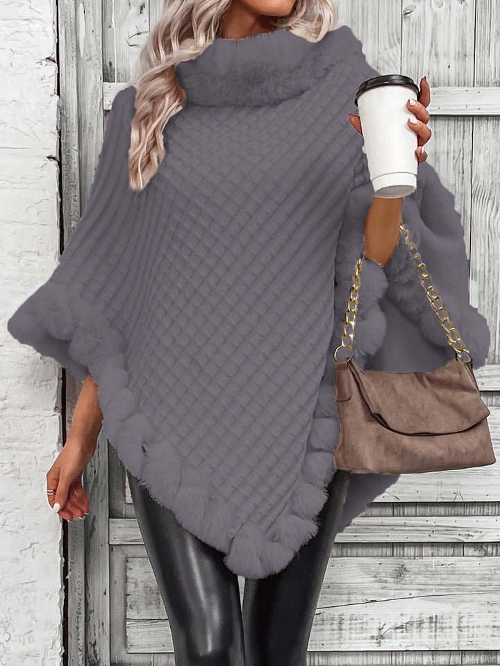 Comfortable Faux Fur Trim Poncho for Women with Turtleneck Batwing Sleeve Asymmetric Oversized Knit Style