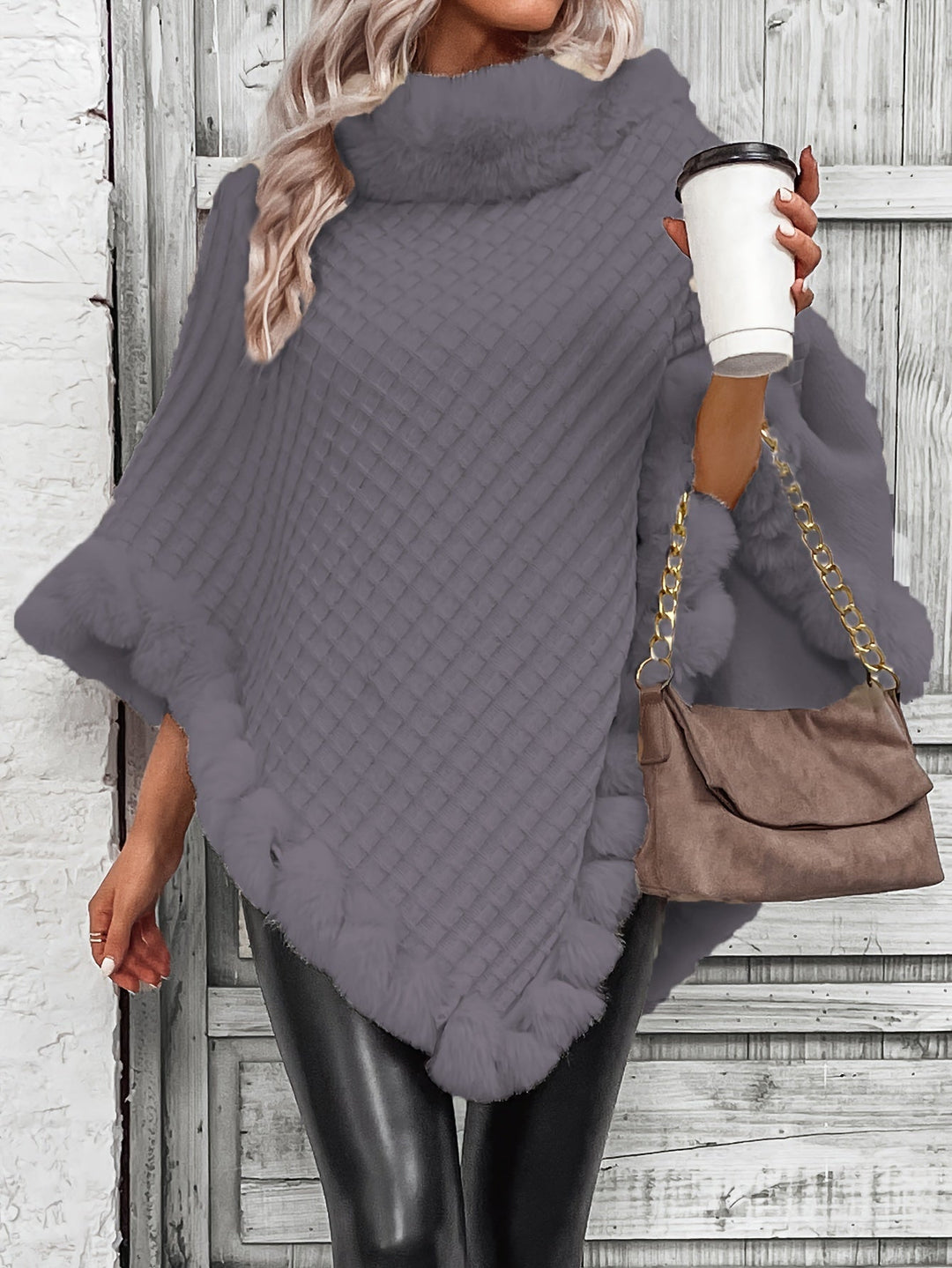 Comfortable Faux Fur Trim Poncho for Women with Turtleneck Batwing Sleeve Asymmetric Oversized Knit Style