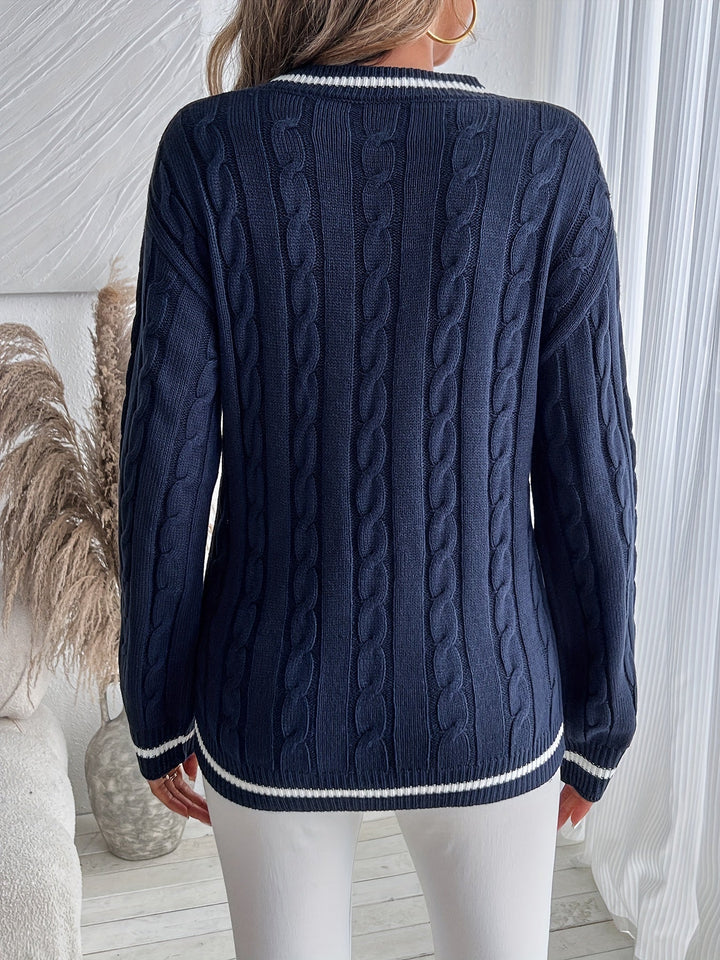 Comfortable Cable Knit Sweater for Women with V Neck Long Sleeve Striped Trim Oversized Knit Style
