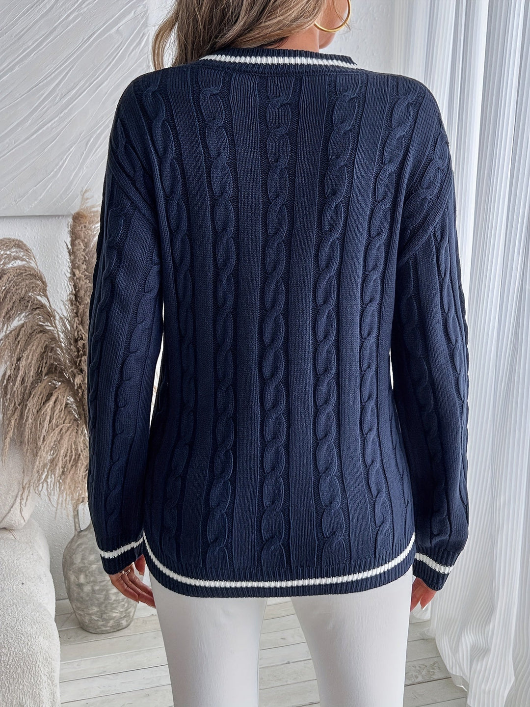 Comfortable Cable Knit Sweater for Women with V Neck Long Sleeve Striped Trim Oversized Knit Style