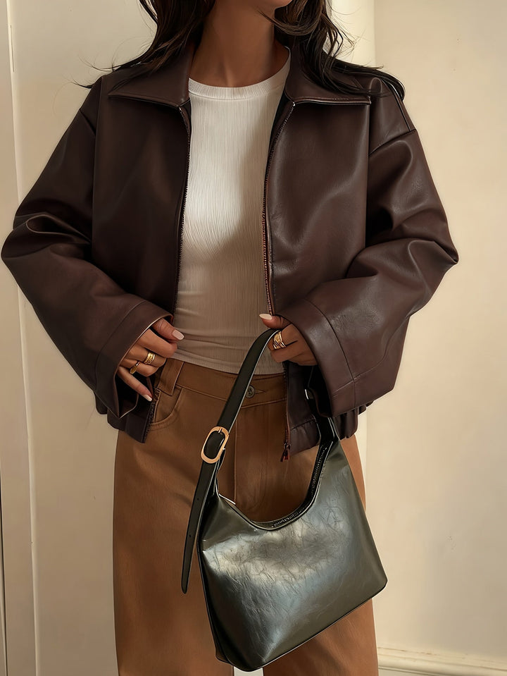 Elegant Brown Leather Jacket for Women with Collar Zip Front Cropped Style