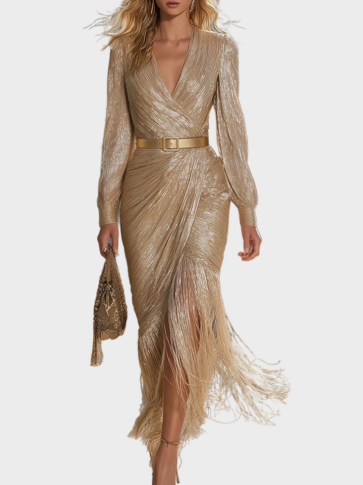 Jollie | Abito Lungo Chic ed Elegante Color Champagne con Scollo a V, Nappe e Brillantezza
