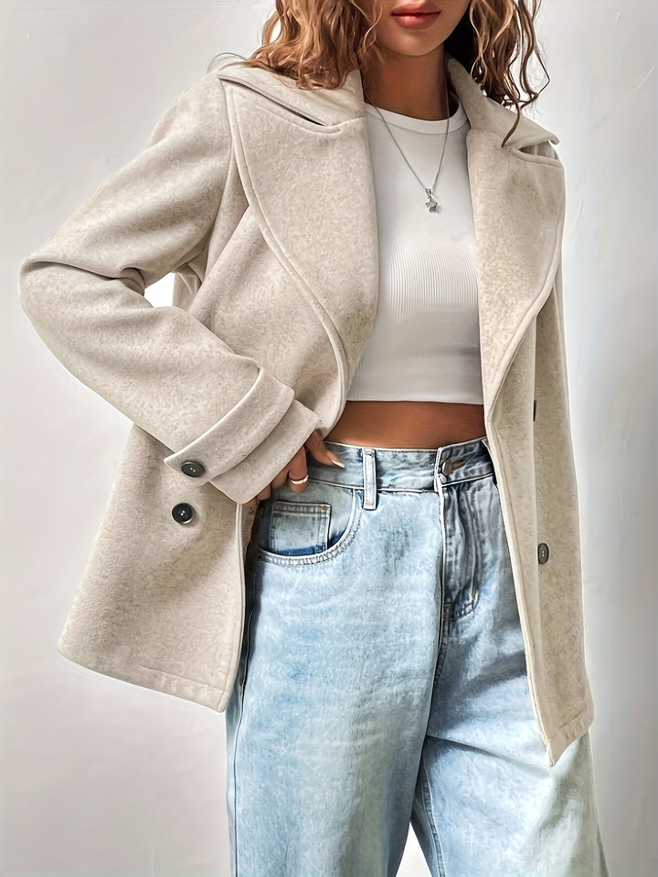 Elegant Beige Pea Coat for Women with Notched Lapel Long Sleeve Double Breasted Oversized Style