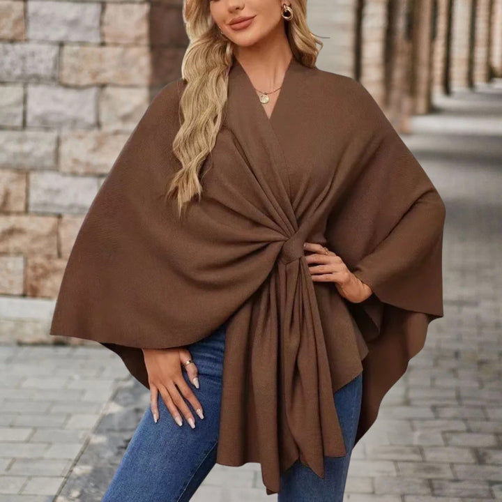 Elegant Knit Poncho for Women with V Neck Batwing Sleeve Tie Waist Wrap Style