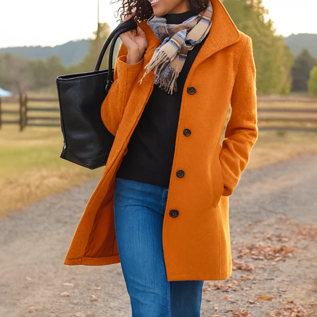 Elegant Wool Coat for Women with Notch Collar Long Sleeve Button Front Tailored Style