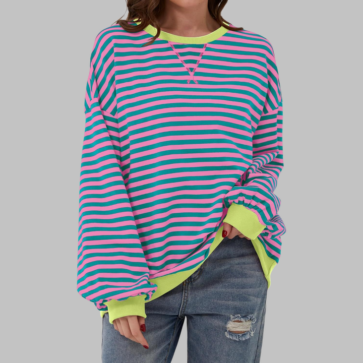 Comoda Felpa a Righe da Donna con Girocollo Maniche Lunghe Bordo a Contrasto Stile Oversize