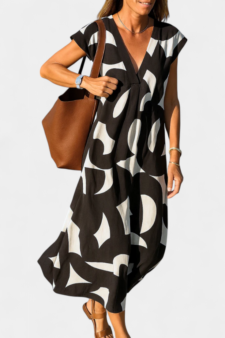 Asela Casual Dress with V-Neck and Mixi Pattern