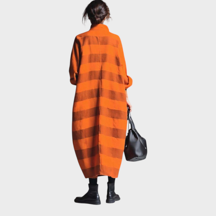 Brenda | Vintage Fashion Oversized Relaxed V-Neck Large Pockets Orange and Brown Wide Striped Maxi Dress