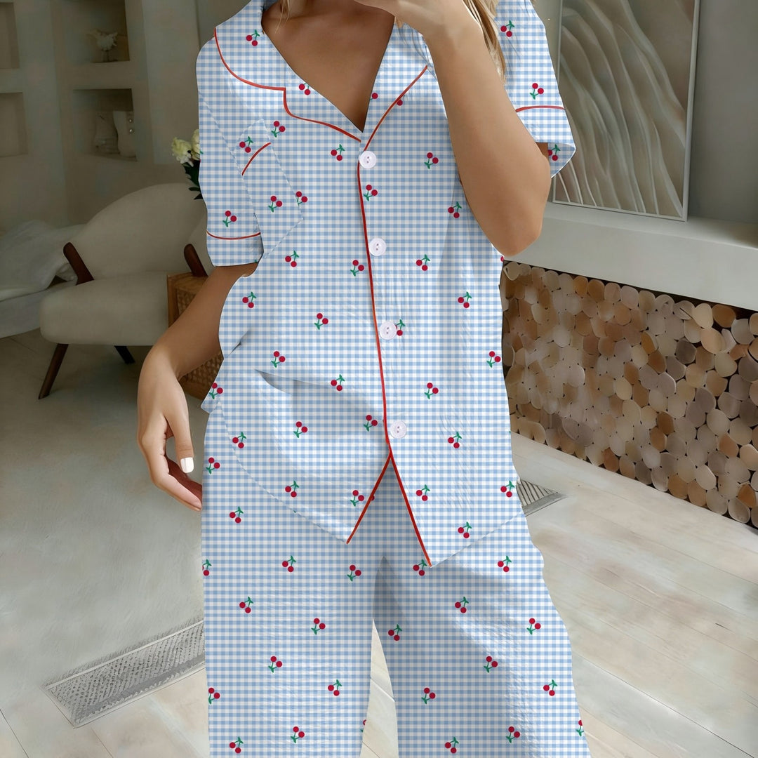 Comfortable Cherry Gingham Pajama Set for Women with Notch Collar Short Sleeve Button Front Relaxed Style