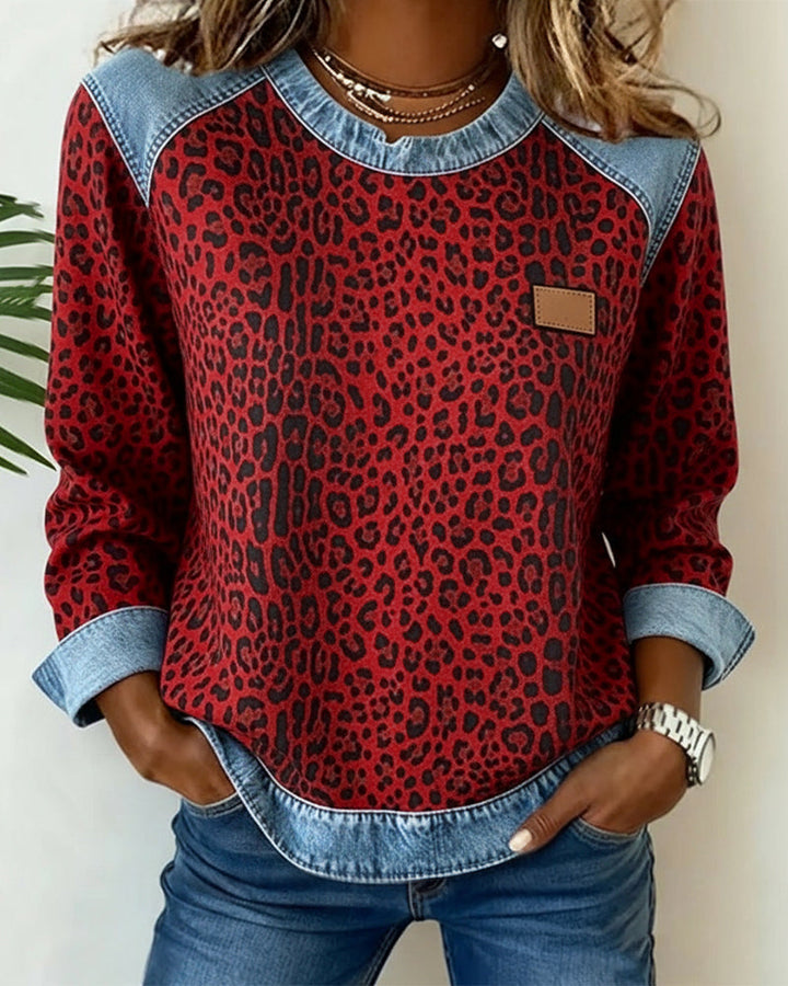 Felpa comoda leopardata da donna con girocollo a manica lunga, in stile rilassato con dettagli in denim colorblock