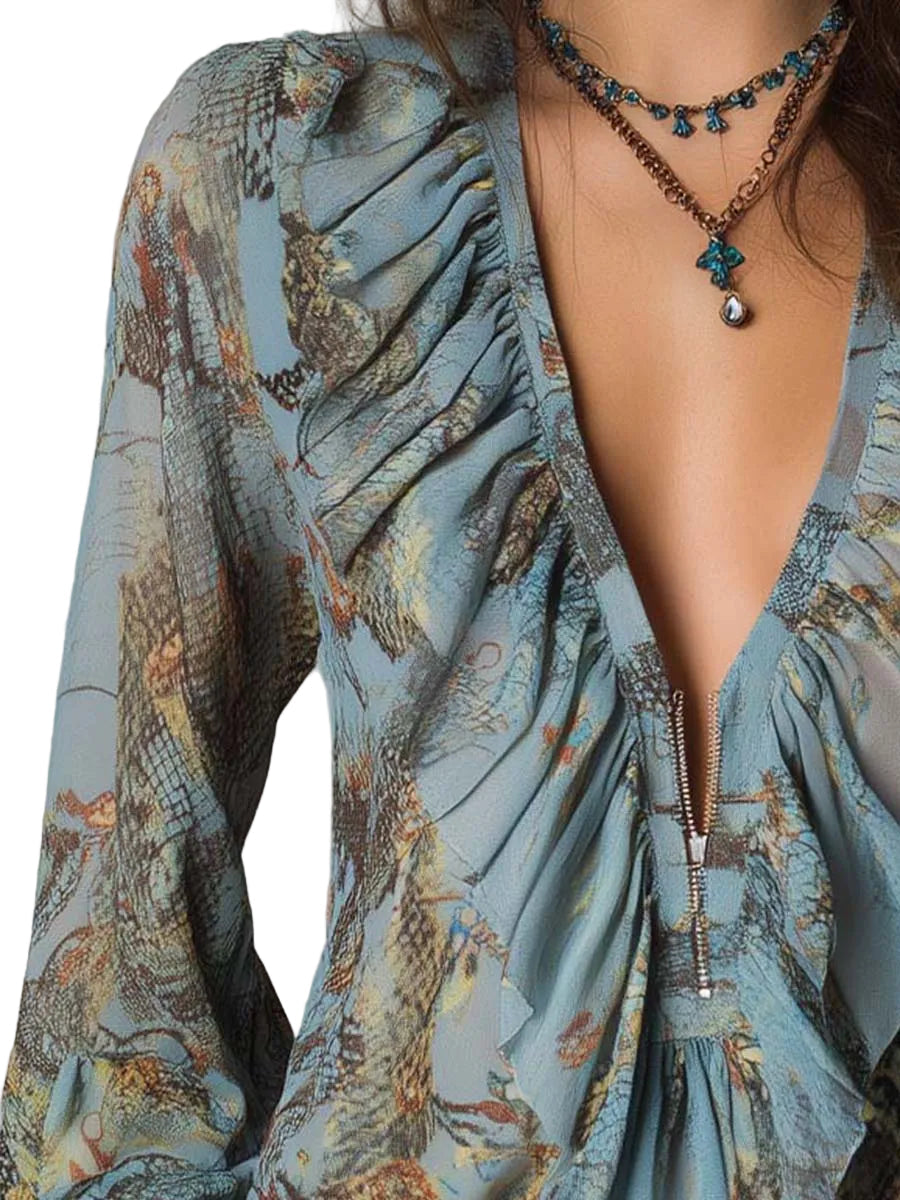 Camicetta in Chiffon Stampa Floreale Serpente con Volant e Zip – Azzurro Nebbia
