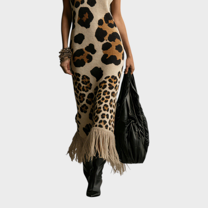 Shannon | Abito lungo in maglia con stampa leopardata irregolare marrone