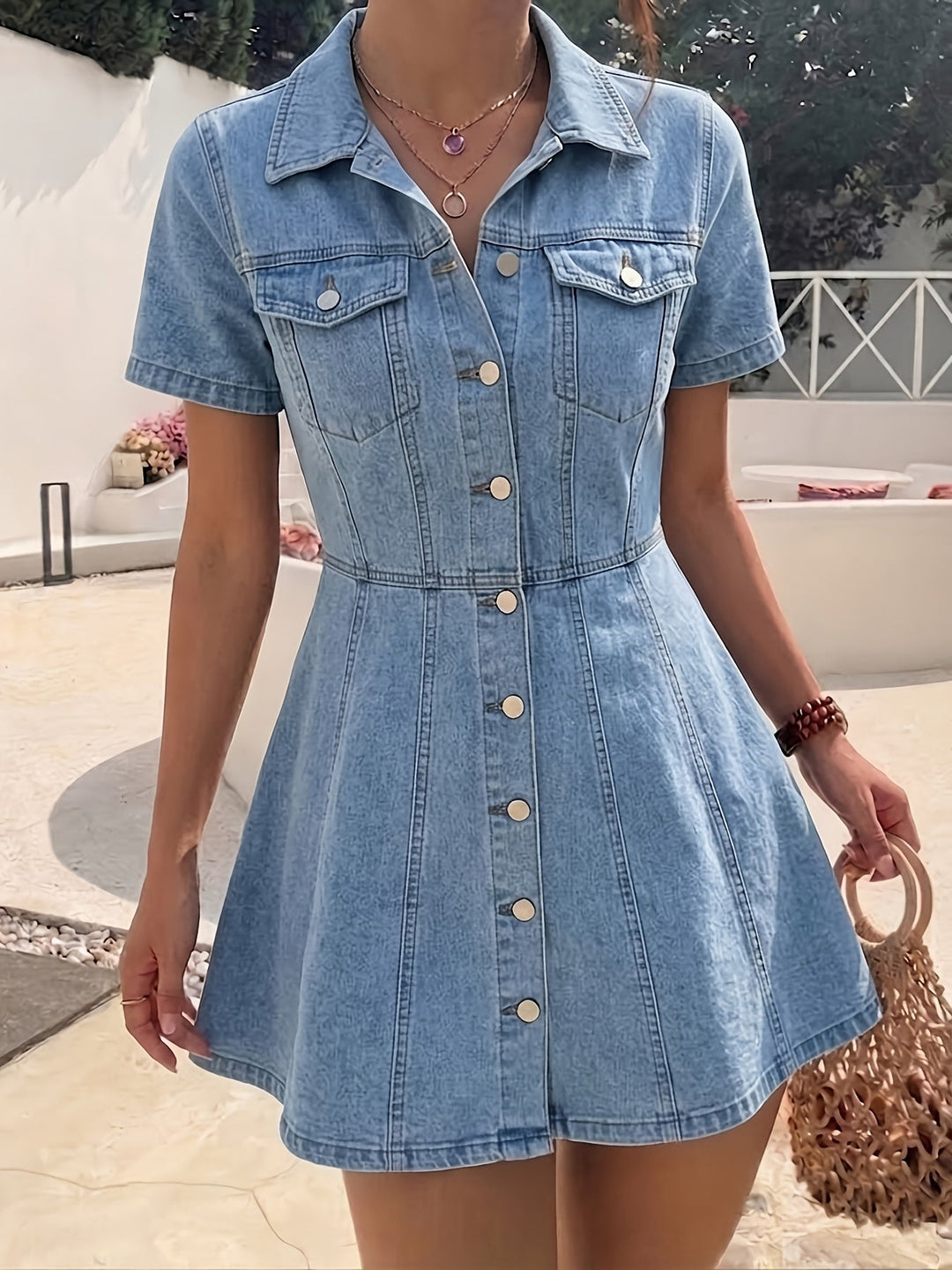 Elegant Deep Blue Denim Jacket for Women with Button-Front A-Line Fitted Flared Hem
