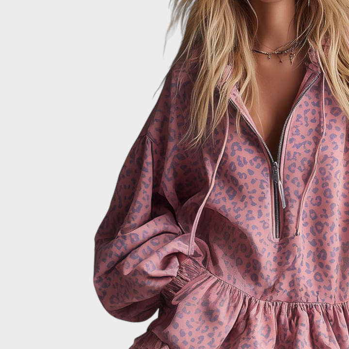 Dayanara | Miniabito elegante stile western con cappuccio, cerniera frontale e raso cucito con stampa leopardata rosa