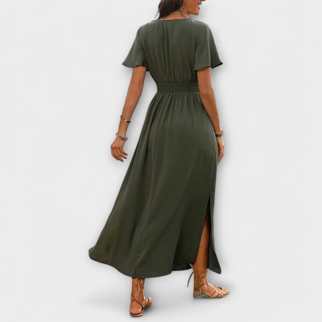Heather - Robe bohème élégante avec col en V et manches longues